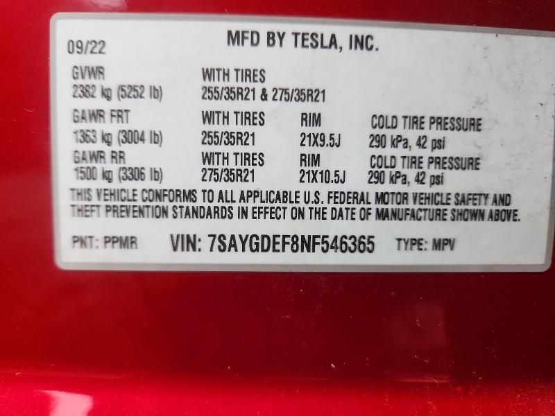54517316 :رقم المزاد ، 7SAYGDEF8NF546365 vin ، 2022 Tesla Model Y مزاد بيع
