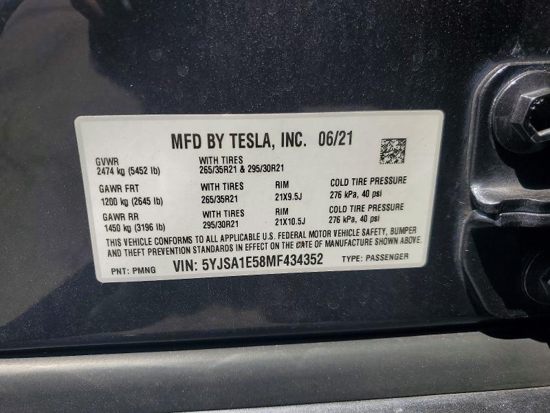 54613036 :رقم المزاد ، 5YJSA1E58MF434352 vin ، 2021 Tesla Model S مزاد بيع