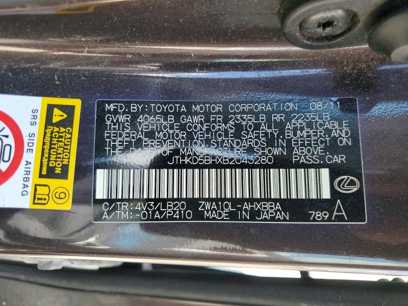 Aukcja sprzedaży 2011 Lexus Ct, vin: JTHKD5BHXB2043280, numer aukcji: 53471096