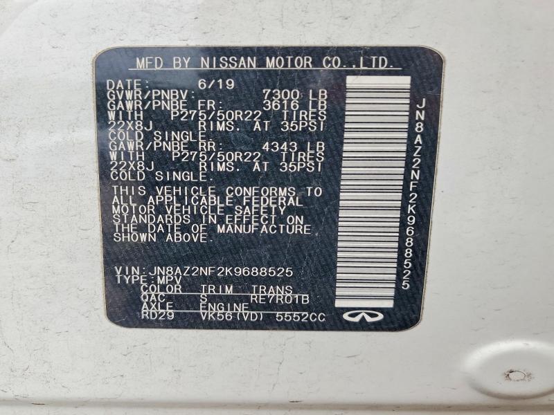 Aukcja sprzedaży 2019 Infiniti Qx80, vin: JN8AZ2NF2K9688525, numer aukcji: 50155746