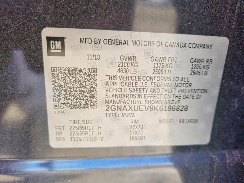 2019 Chevrolet Equinox მანქანა იყიდება აუქციონზე, vin: 2GNAXUEV9K6186828, აუქციონის ნომერი: 51631956