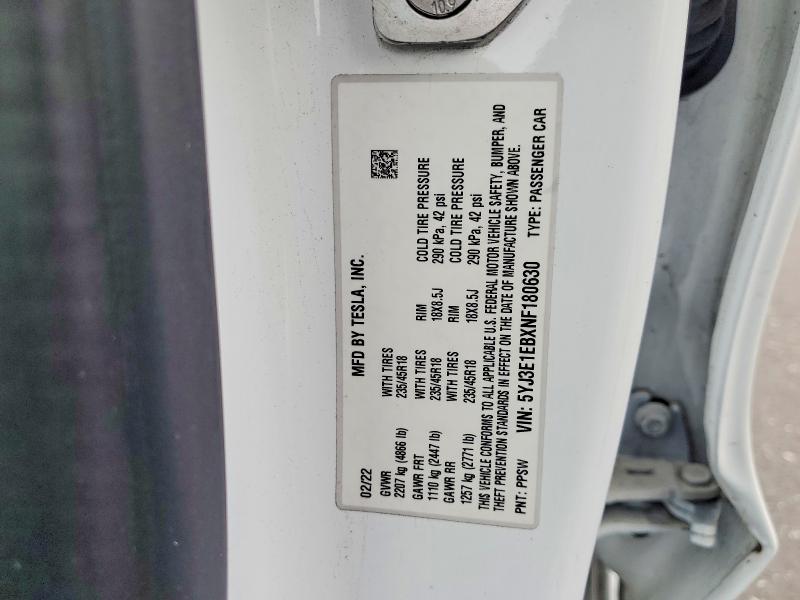 51031586 :رقم المزاد ، 5YJ3E1EBXNF180630 vin ، 2022 Tesla Model 3 مزاد بيع