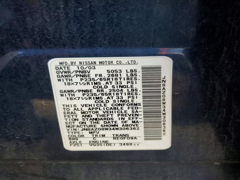 54464186 :رقم المزاد ، JN8AZ08W34W306362 vin ، 2004 Nissan Murano مزاد بيع