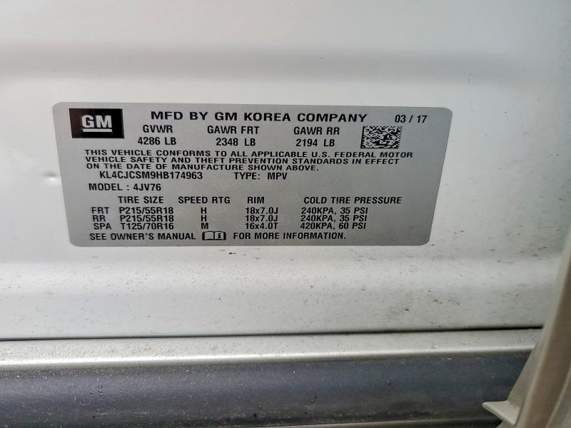 2017 Buick Encore მანქანა იყიდება აუქციონზე, vin: KL4CJCSM9HB174963, აუქციონის ნომერი: 51518686