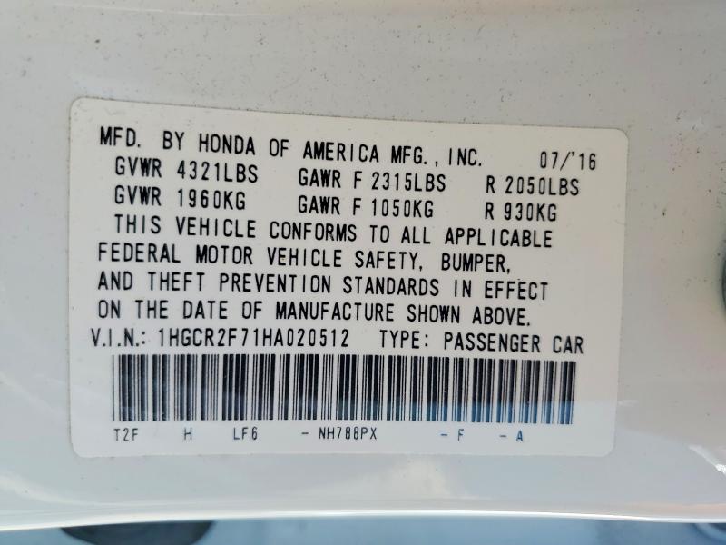 53567236 :رقم المزاد ، 1HGCR2F71HA020512 vin ، 2017 Honda Accord مزاد بيع