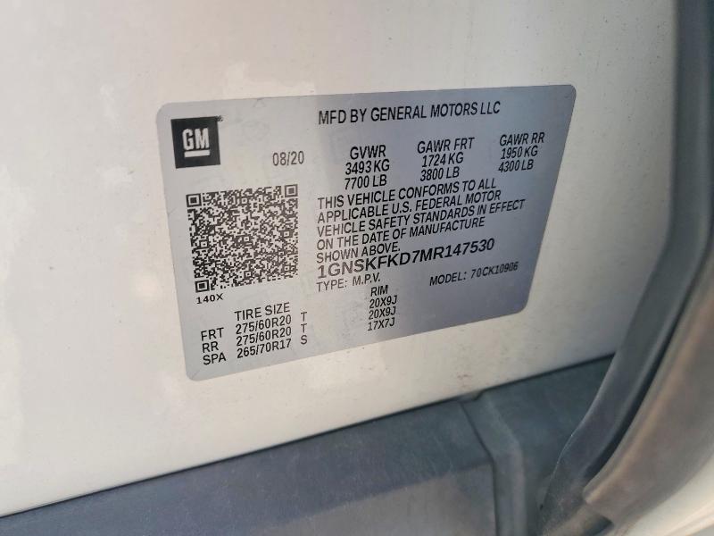 52228876 :رقم المزاد ، 1GNSKFKD7MR147530 vin ، 2021 Chevrolet Suburban مزاد بيع