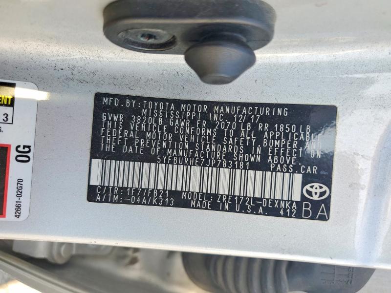2018 Toyota Corolla მანქანა იყიდება აუქციონზე, vin: 5YFBURHE7JP783181, აუქციონის ნომერი: 53210716