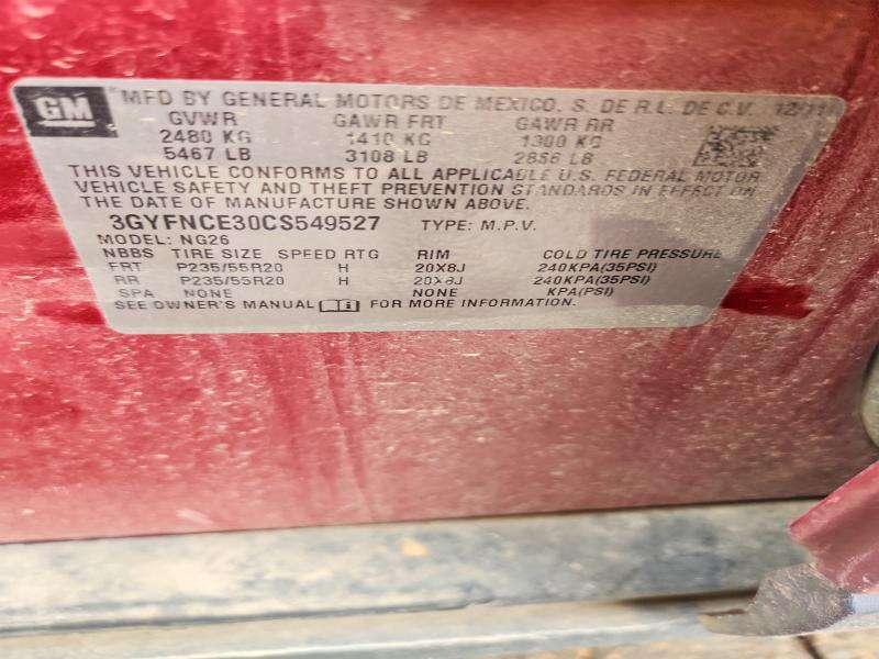 54824526 :رقم المزاد ، 3GYFNCE30CS549527 vin ، 2012 Cadillac Srx مزاد بيع