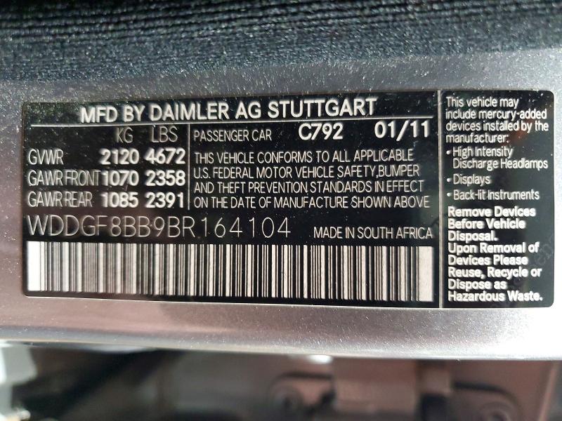 Aukcja sprzedaży 2011 Mercedes-benz C, vin: WDDGF8BB9BR164104, numer aukcji: 55044716