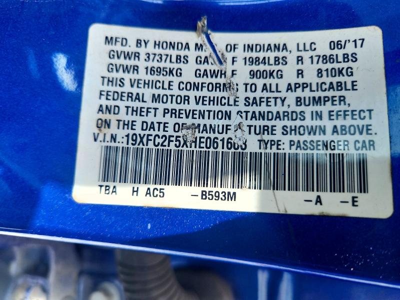 Продаж на аукціоні авто 2017 Honda Civic, vin: 19XFC2F5XHE061603, номер лоту: 52227366