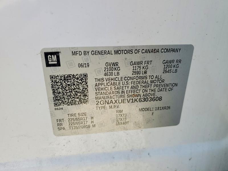 Aukcja sprzedaży 2019 Chevrolet Equinox, vin: 2GNAXUEV1K6303608, numer aukcji: 54511296