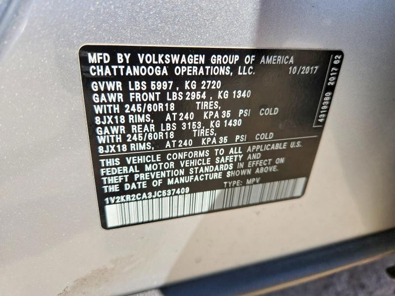 53991076 :رقم المزاد ، 1V2KR2CA3JC537409 vin ، 2018 Volkswagen Atlas مزاد بيع