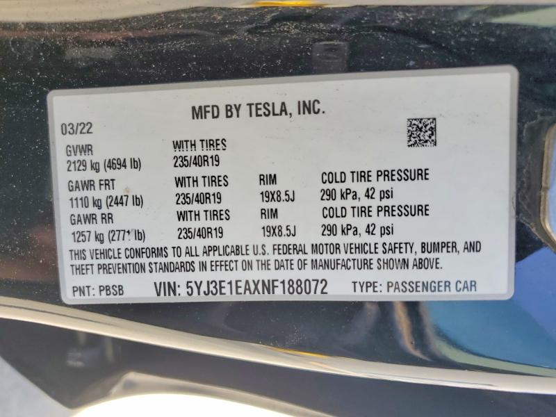 52964406 :رقم المزاد ، 5YJ3E1EAXNF188072 vin ، 2022 Tesla Model 3 مزاد بيع
