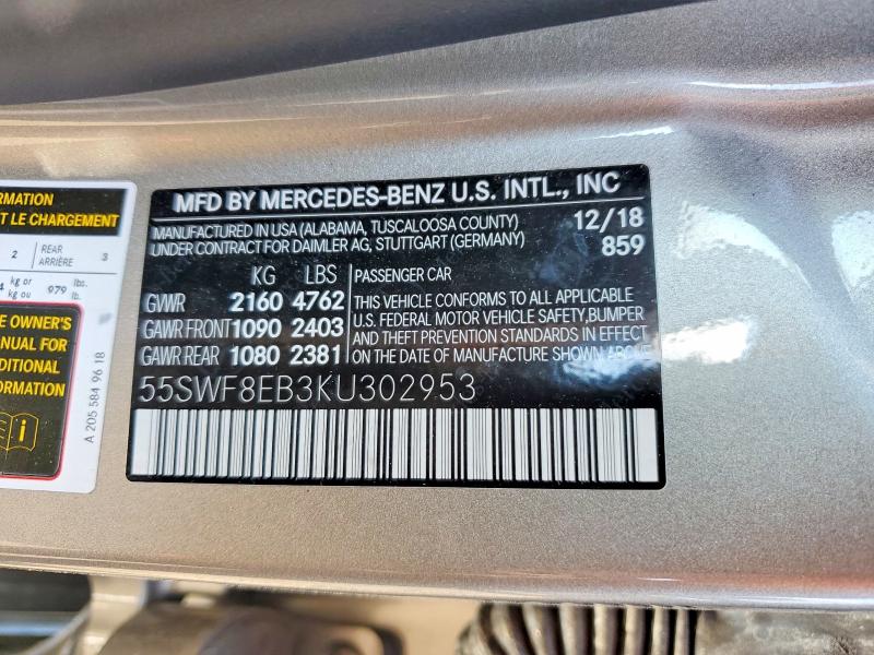 2019 Mercedes-benz C მანქანა იყიდება აუქციონზე, vin: 55SWF8EB3KU302953, აუქციონის ნომერი: 53943856
