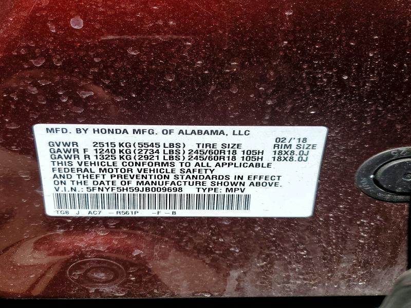 52565066 :رقم المزاد ، 5FNYF5H59JB009698 vin ، 2018 Honda Pilot مزاد بيع