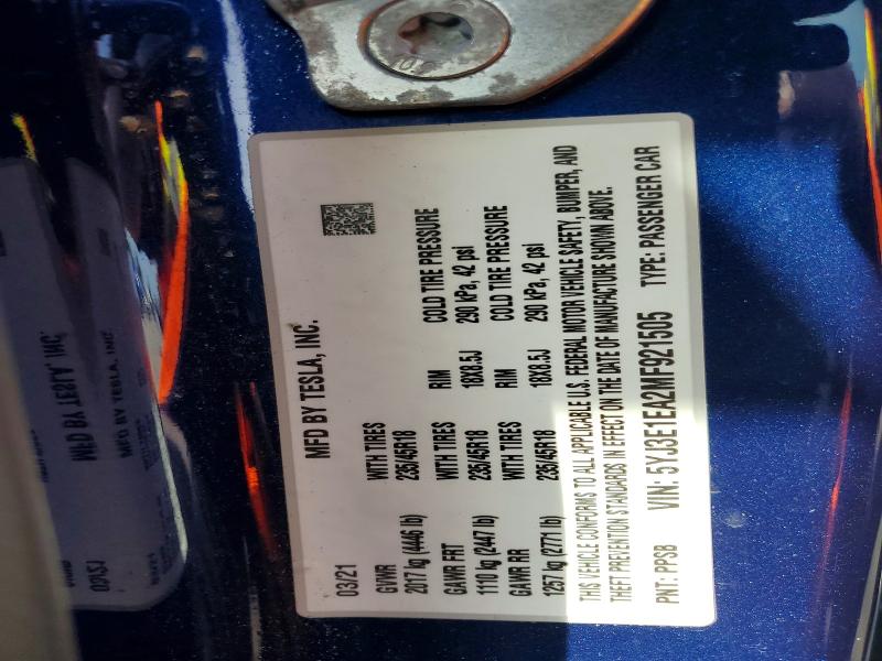 53116026 :رقم المزاد ، 5YJ3E1EA2MF921505 vin ، 2021 Tesla Model 3 مزاد بيع
