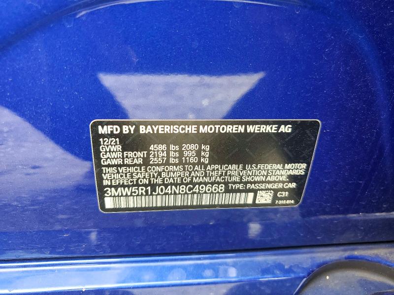 Aukcja sprzedaży 2022 Bmw 330i, vin: 3MW5R1J04N8C49668, numer aukcji: 54999146