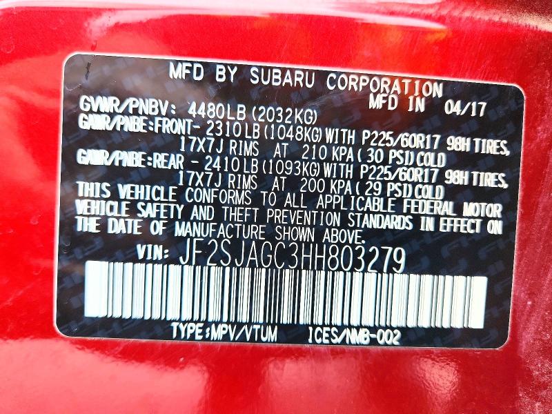54321106 :رقم المزاد ، JF2SJAGC3HH803279 vin ، 2017 Subaru Forester مزاد بيع