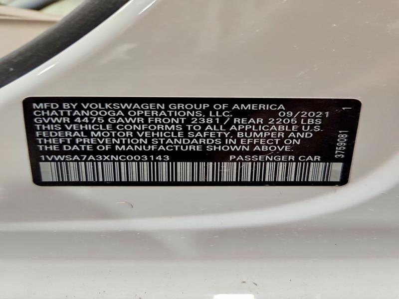 Aukcja sprzedaży 2022 Volkswagen Passat, vin: 1VWSA7A3XNC003143, numer aukcji: 54968956