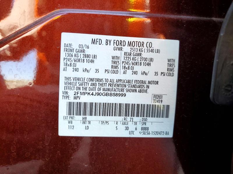Продаж на аукціоні авто 2016 Ford Edge, vin: 2FMPK4J90GBB58999, номер лоту: 54859226