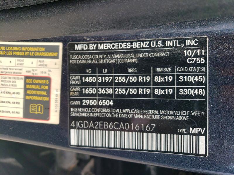 54591716 :رقم المزاد ، 4JGDA2EB6CA016167 vin ، 2012 Mercedes-benz Ml مزاد بيع