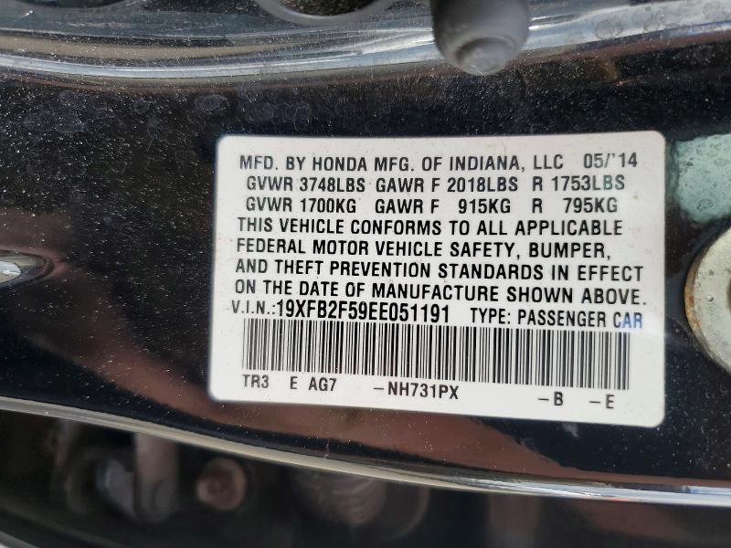 55387216 :رقم المزاد ، 19XFB2F59EE051191 vin ، 2014 Honda Civic مزاد بيع