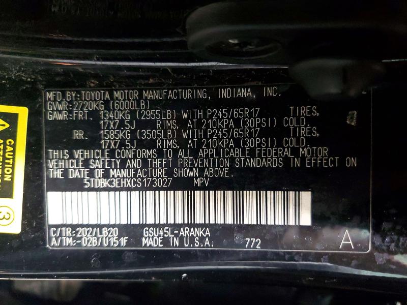 53942546 :رقم المزاد ، 5TDBK3EHXCS173027 vin ، 2012 Toyota Highlander مزاد بيع