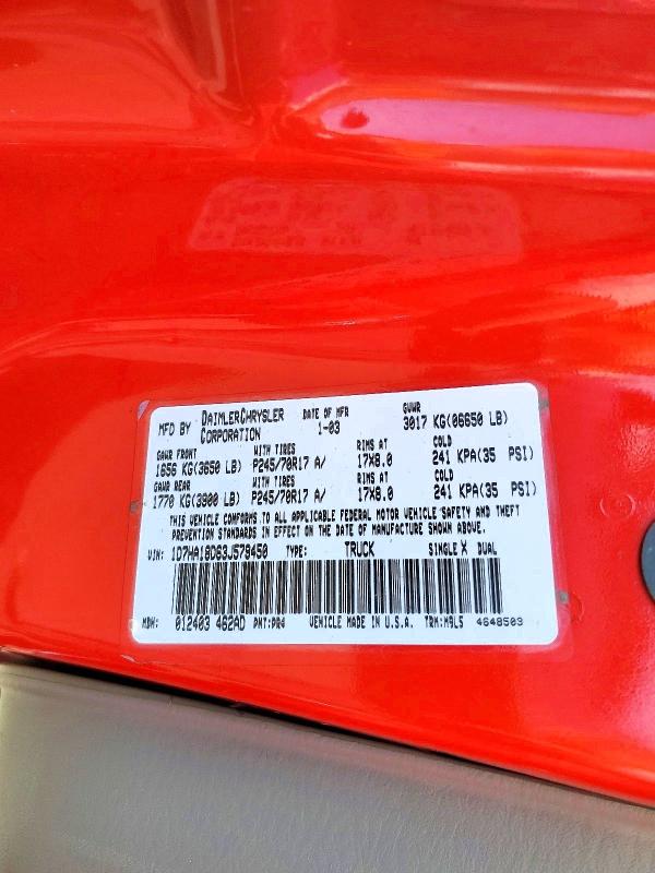 Продажа на аукционе авто 2003 Dodge Ram 1500, vin: 1D7HA18D63J579450, номер лота: 55016946