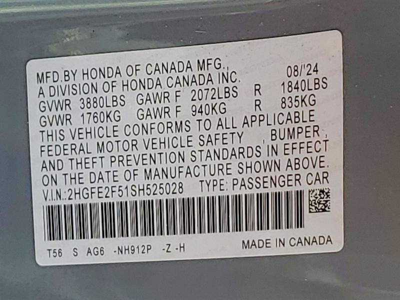 52461496 :رقم المزاد ، 2HGFE2F51SH525028 vin ، 2025 Honda Civic مزاد بيع
