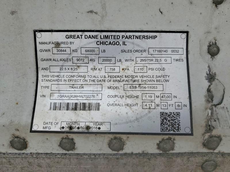 2017 Great Dane Trailers Reefer Van მანქანა იყიდება აუქციონზე, vin: 1GRAA0629HW702276, აუქციონის ნომერი: 52907886