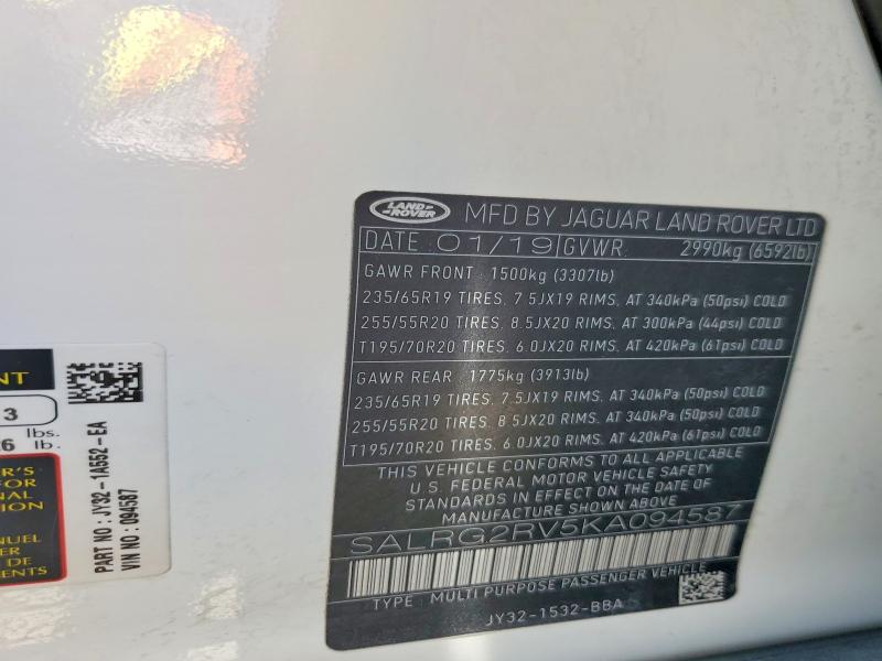 Aukcja sprzedaży 2019 Land Rover Discovery, vin: SALRG2RV5KA094587, numer aukcji: 52184096