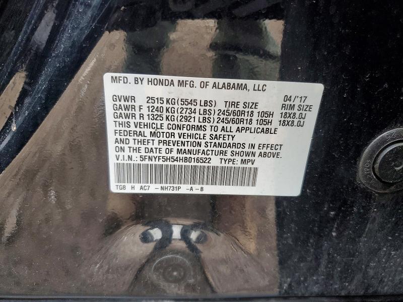 51989096 :رقم المزاد ، 5FNYF5H54HB016522 vin ، 2017 Honda Pilot مزاد بيع