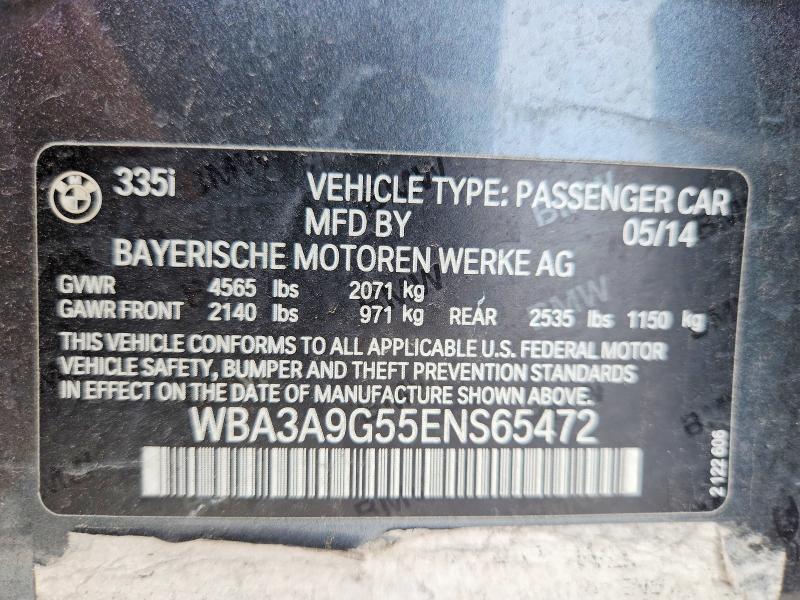 2014 Bmw 335 მანქანა იყიდება აუქციონზე, vin: WBA3A9G55ENS65472, აუქციონის ნომერი: 55114576