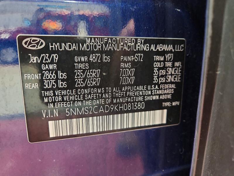 2019 Hyundai Santa Fe მანქანა იყიდება აუქციონზე, vin: 5NMS2CAD9KH081380, აუქციონის ნომერი: 53380466