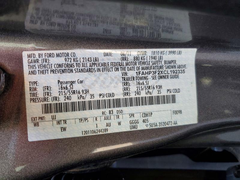 2012 Ford Focus მანქანა იყიდება აუქციონზე, vin: 1FAHP3F2XCL192335, აუქციონის ნომერი: 53759346