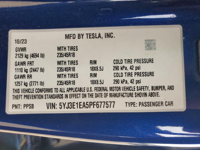 2023 Tesla Model 3 მანქანა იყიდება აუქციონზე, vin: 5YJ3E1EA5PF677577, აუქციონის ნომერი: 52256526