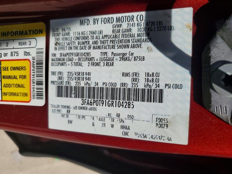 Продаж на аукціоні авто 2016 Ford Fusion, vin: 3FA6P0T91GR104285, номер лоту: 54334156