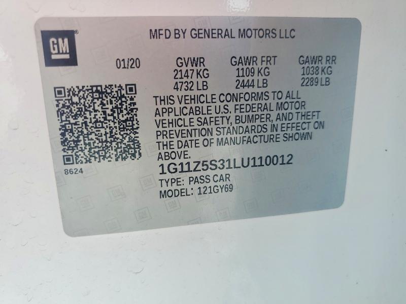 53626016 :رقم المزاد ، 1G11Z5S31LU110012 vin ، 2020 Chevrolet Impala مزاد بيع