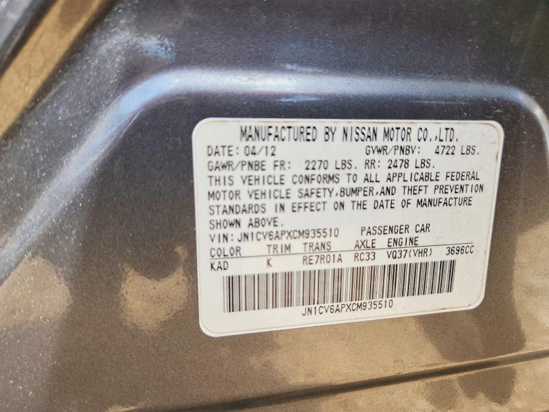 52363286 :رقم المزاد ، JN1CV6APXCM935510 vin ، 2012 Infiniti G37 Sedan مزاد بيع