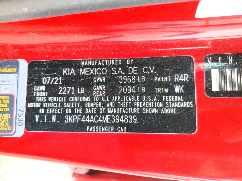 52211826 :رقم المزاد ، 3KPF44AC4ME394839 vin ، 2021 Kia Forte مزاد بيع