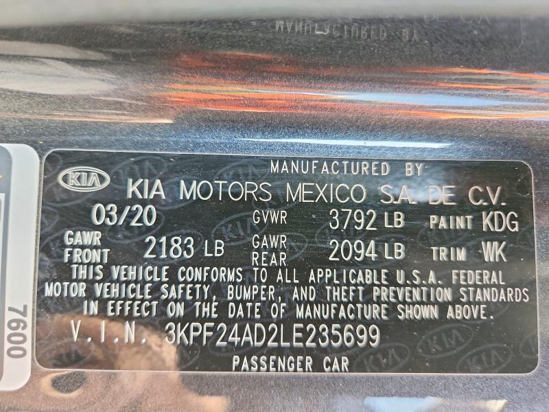 54519046 :رقم المزاد ، 3KPF24AD2LE235699 vin ، 2020 Kia Forte مزاد بيع