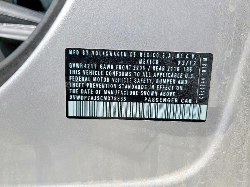 Aukcja sprzedaży 2012 Volkswagen Jetta, vin: 3VWDP7AJ9CM379835, numer aukcji: 53537816