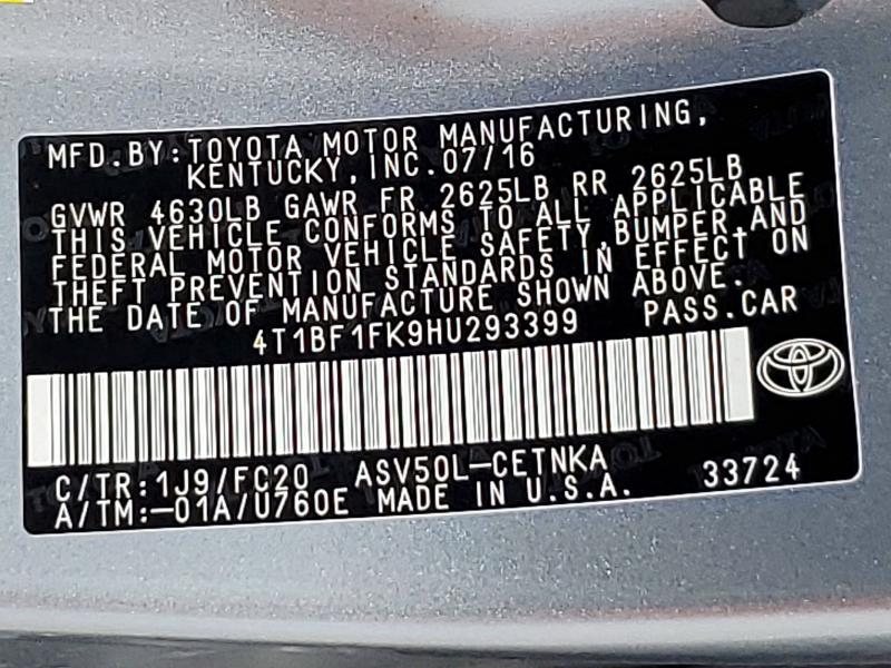 2017 Toyota Camry მანქანა იყიდება აუქციონზე, vin: 4T1BF1FK9HU293399, აუქციონის ნომერი: 55082116