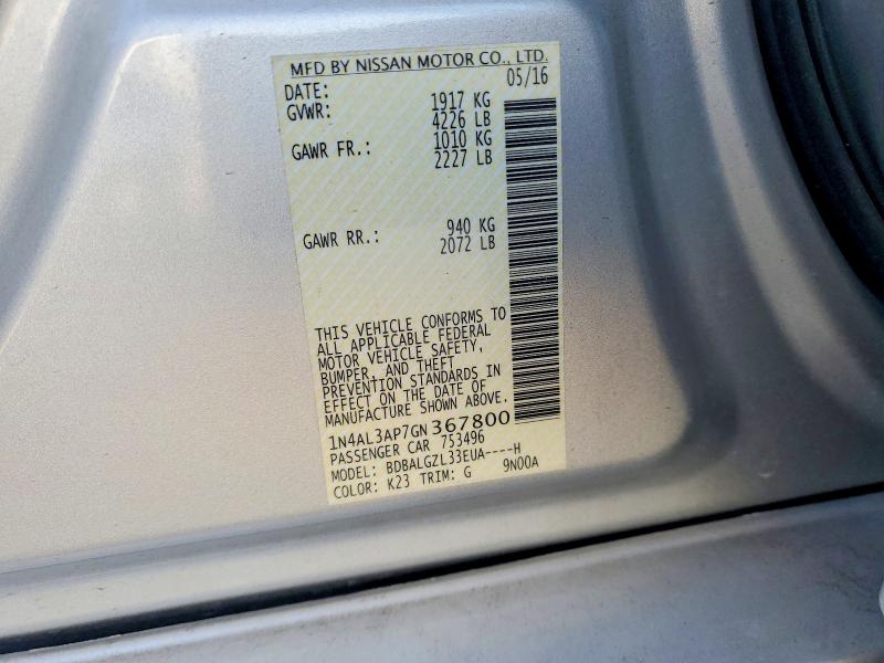 2016 Nissan Altima მანქანა იყიდება აუქციონზე, vin: 1N4AL3AP7GN367800, აუქციონის ნომერი: 53346396