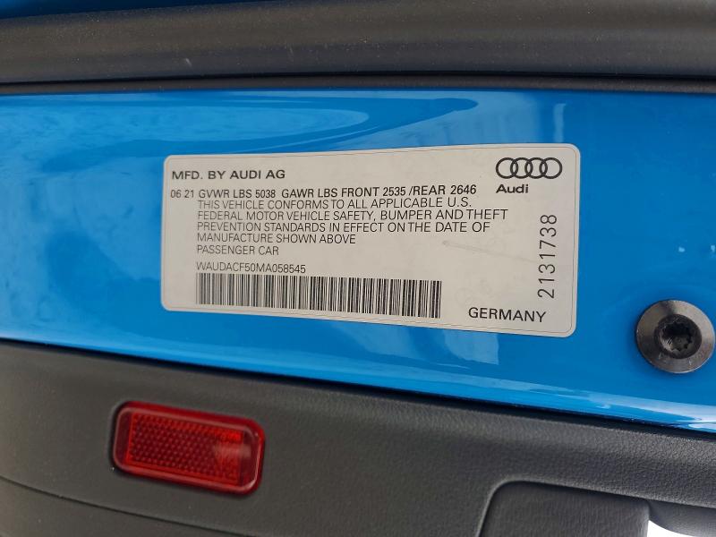 53080446 :رقم المزاد ، WAUDACF50MA058545 vin ، 2021 Audi A5 مزاد بيع