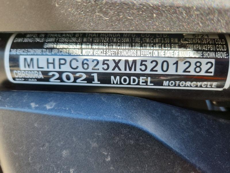 Aukcja sprzedaży 2021 Honda Cbr500, vin: MLHPC625XM5201282, numer aukcji: 52353746