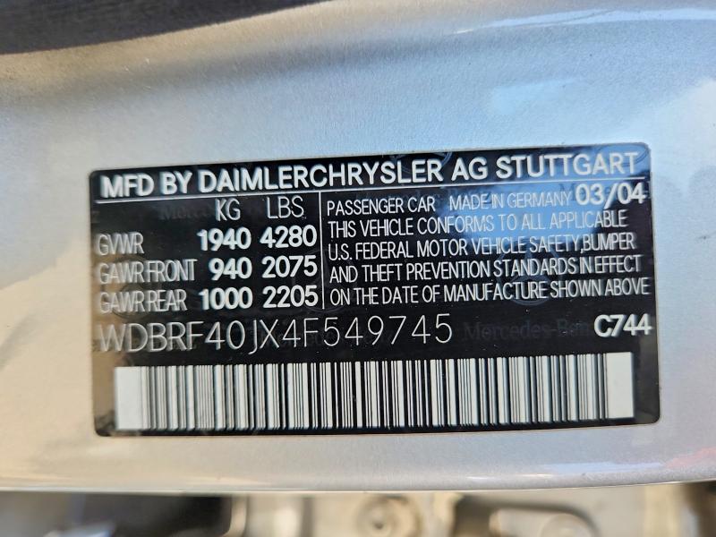 Aukcja sprzedaży 2004 Mercedes-benz C, vin: WDBRF40JX4F549745, numer aukcji: 52204586