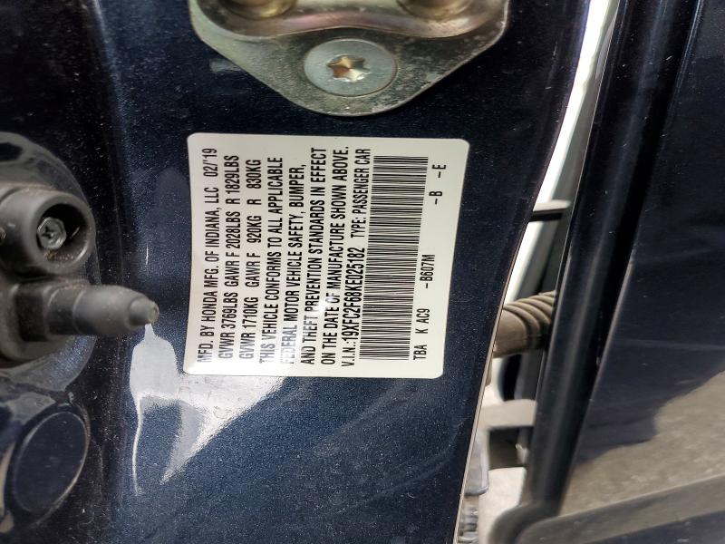 2019 Honda Civic მანქანა იყიდება აუქციონზე, vin: 19XFC2F68KE025182, აუქციონის ნომერი: 55400086