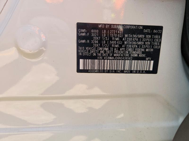 53102246 :رقم المزاد ، 4S4WMAJD6N3438562 vin ، 2022 Subaru Ascent مزاد بيع