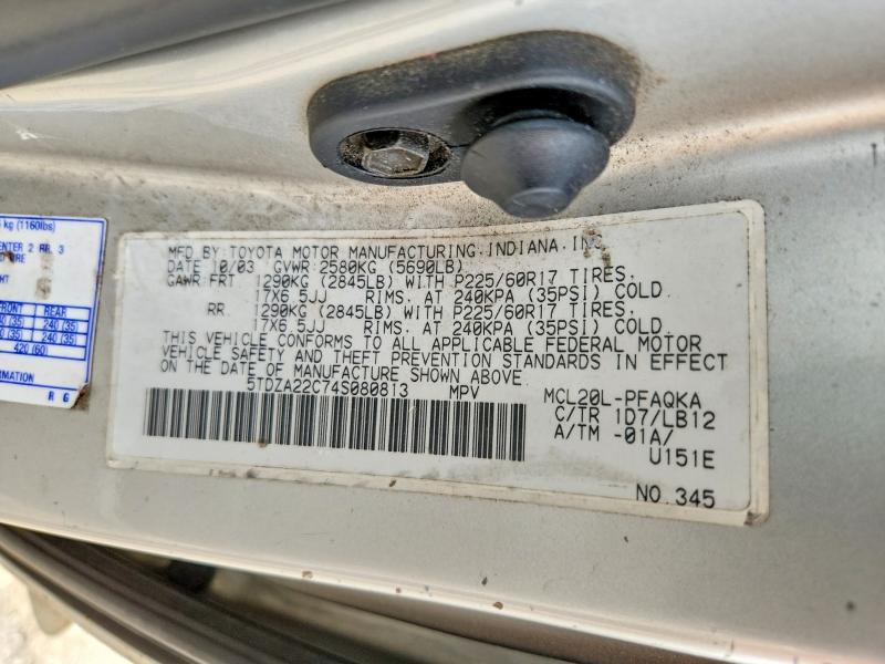 2004 Toyota Sienna მანქანა იყიდება აუქციონზე, vin: 5TDZA22C74S080813, აუქციონის ნომერი: 51830776